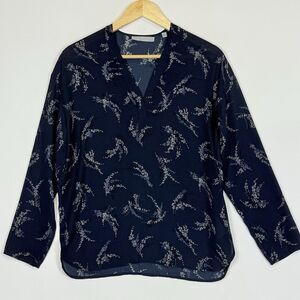 Vince Navy Blue Floral‎ Semi Sheer  Chiffon 3/4 Sleeve Shirt Top Women's XS